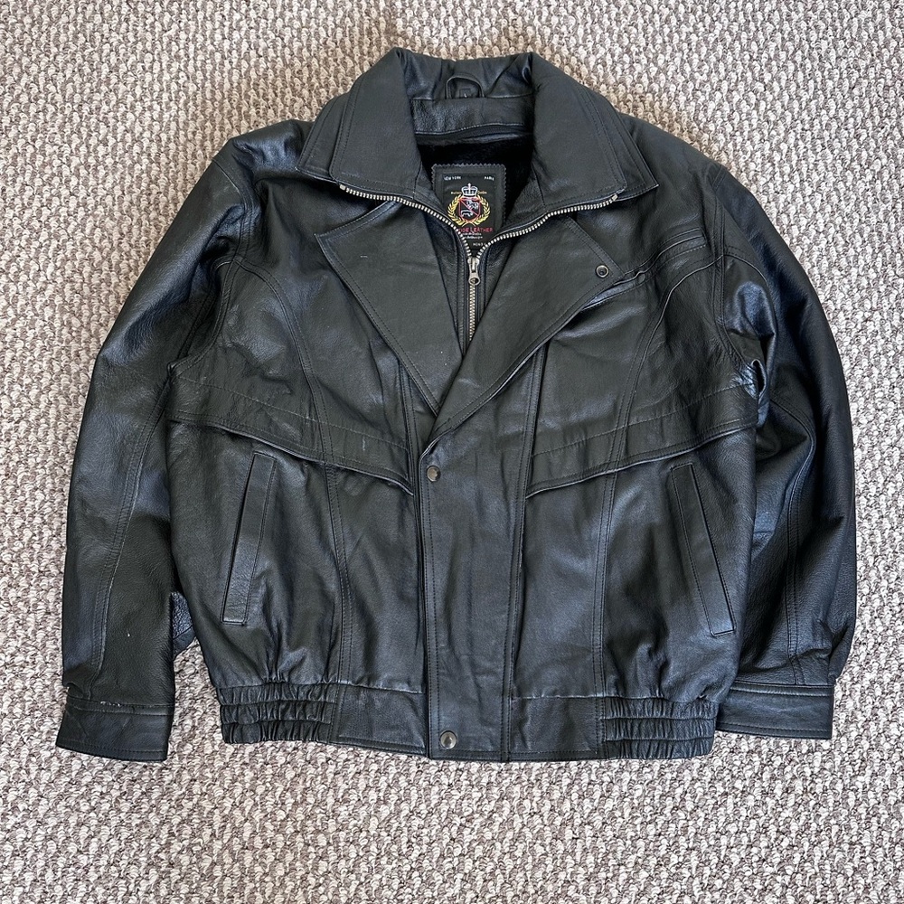 Vintage Leather Bomber Jacket Black Fleece Lined Biker Moto Men’s Size L